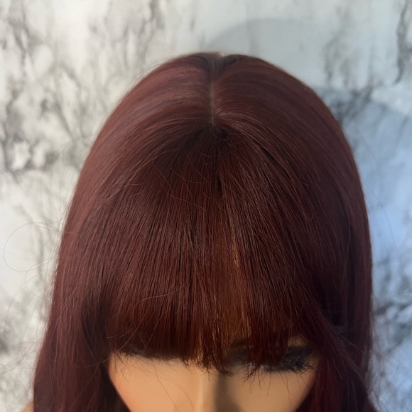 Burgundy Red Long Wavy Wig with Bangs Natural Realistic Hair look - Picture 4 of 7